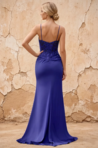 Lois Royal Blue Lace Jersey Beaded Slit Maxi Dress