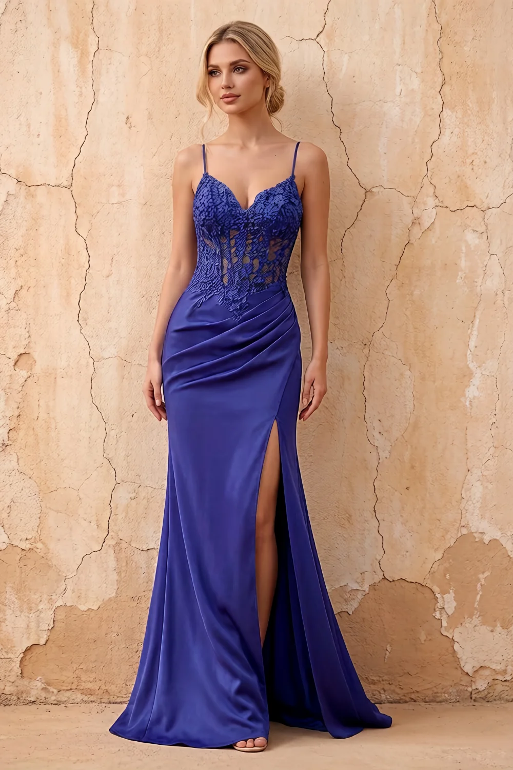 Lois Royal Blue Lace Jersey Beaded Slit Maxi Dress