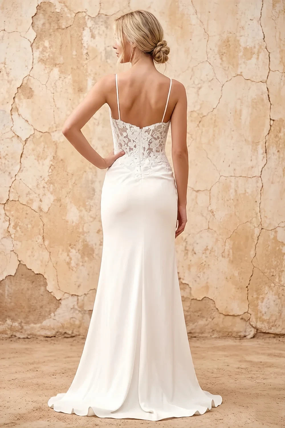 Translation missing: en.Lois White lace jersey beaded V-neck spaghetti strap maxi dress with high side slit - product photo 2 content.product_image_secondary