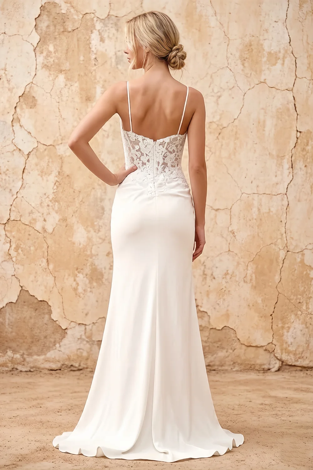 Lois White Lace Jersey Beaded Slit Maxi Dress