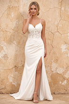 Lois White Lace Jersey Beaded Slit Maxi Dress