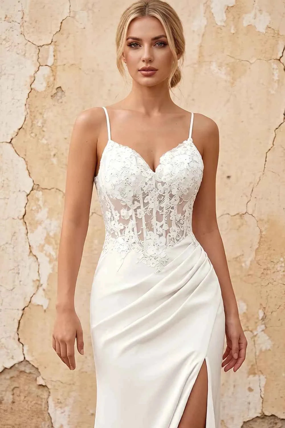 Lois White Lace Jersey Beaded Slit Maxi Dress