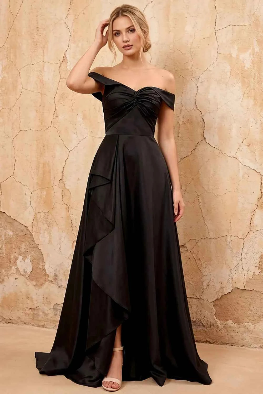 Lola Black Satin Off the Shoulder A-line Maxi Dress Main image