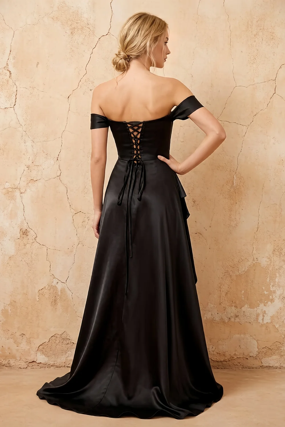 Lola Black Satin Off the Shoulder A-line Maxi Dress Secondary image
