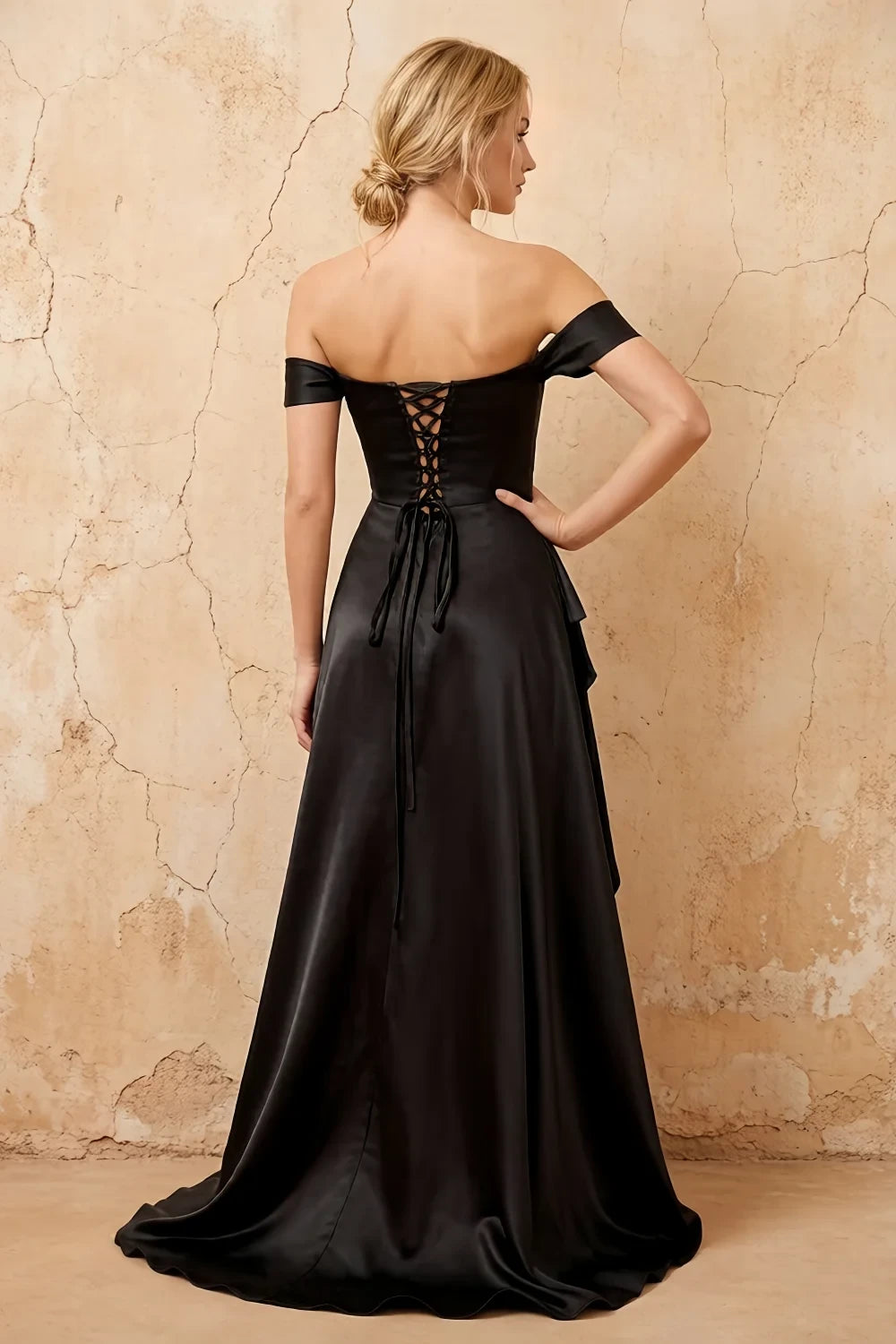 Translation missing: en.Lola Black satin off-the-shoulder A-line maxi dress with gathered bodice lace-up back and slit - product photo 2 content.product_image_secondary