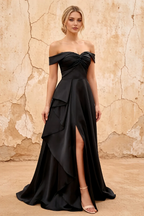 Lola Black Satin Off the Shoulder A-line Maxi Dress