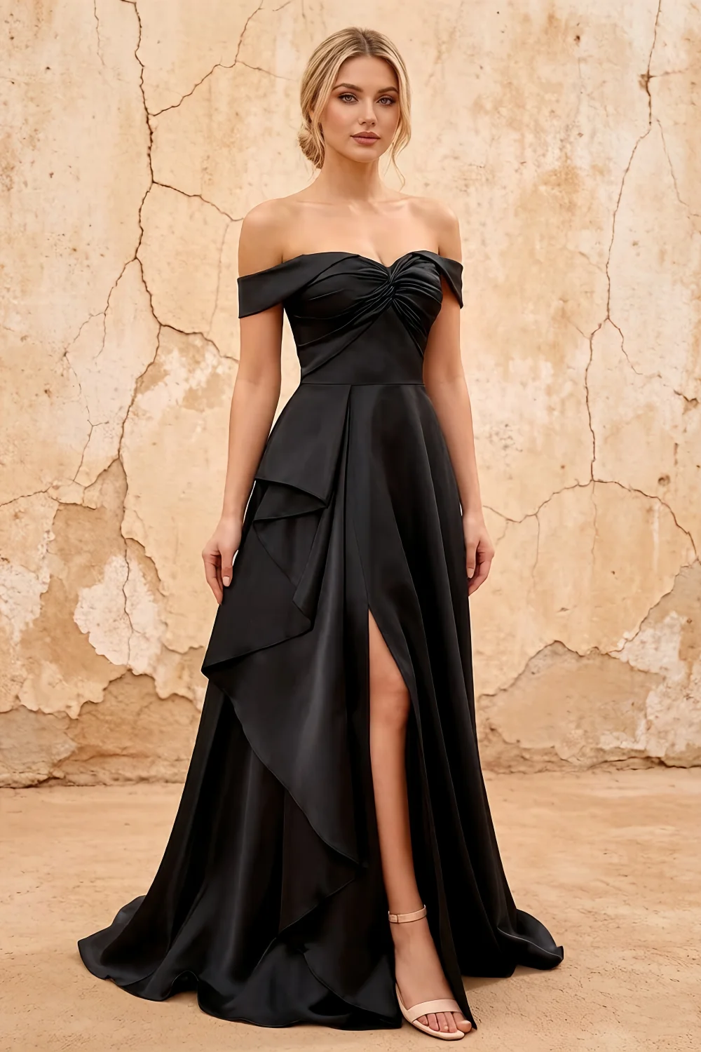 Lola Black Satin Off the Shoulder A-line Maxi Dress