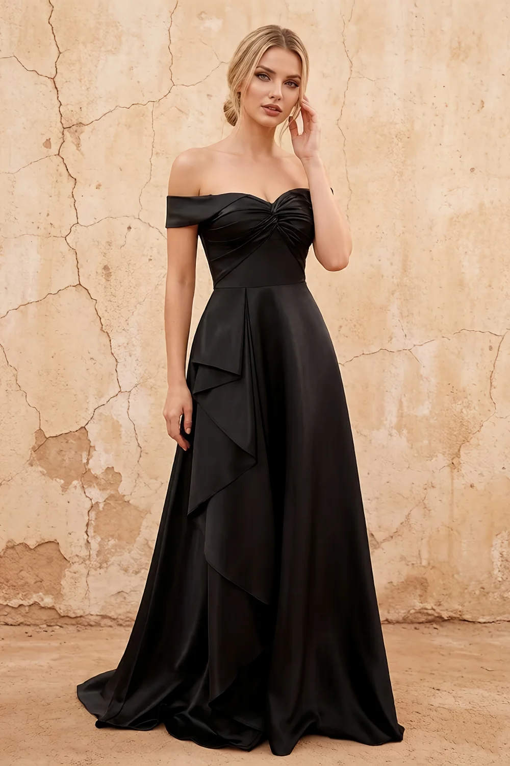 Lola Black Satin Off the Shoulder A-line Maxi Dress