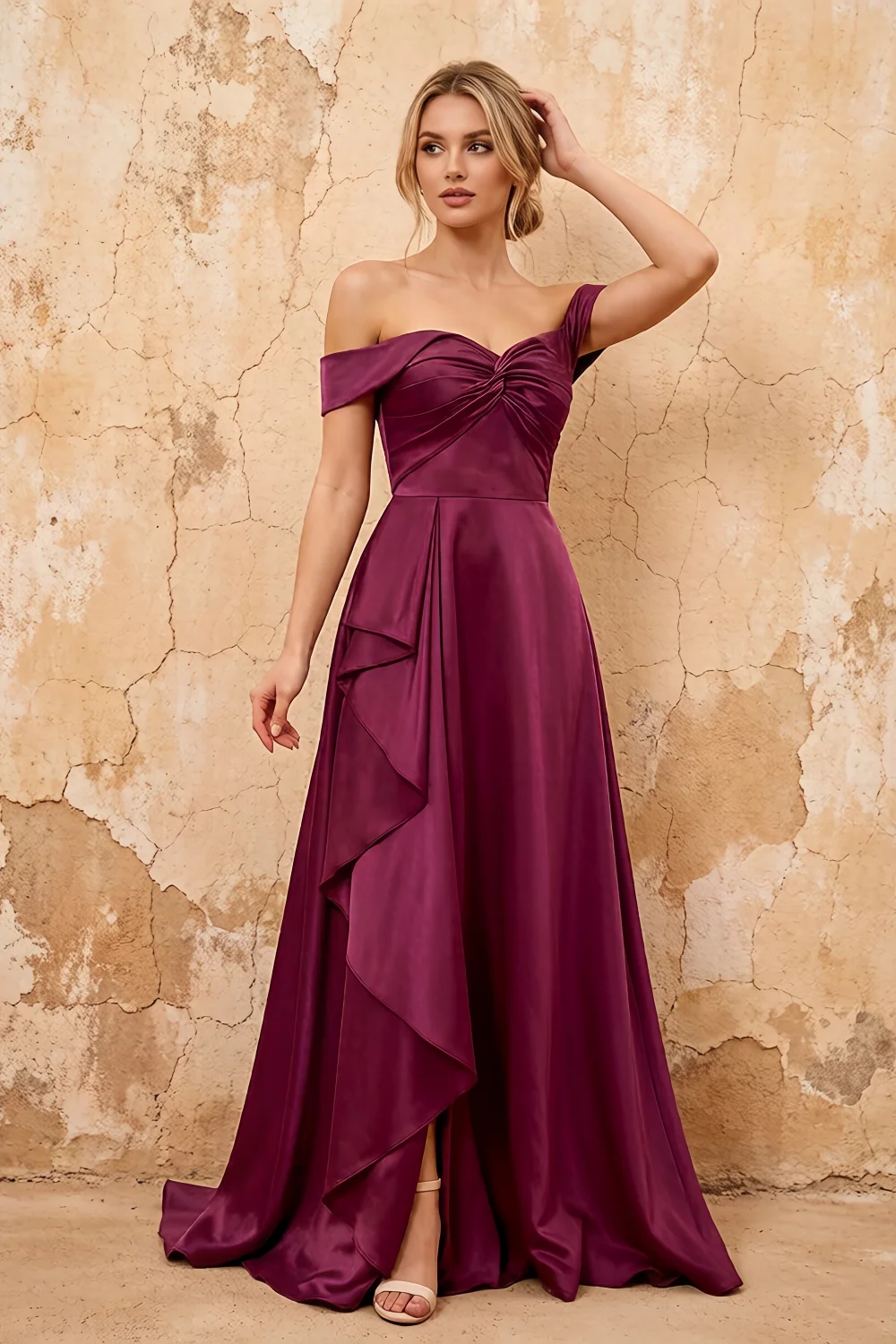 Lola Burgundy Satin Off the Shoulder A-line Maxi Dress Main image
