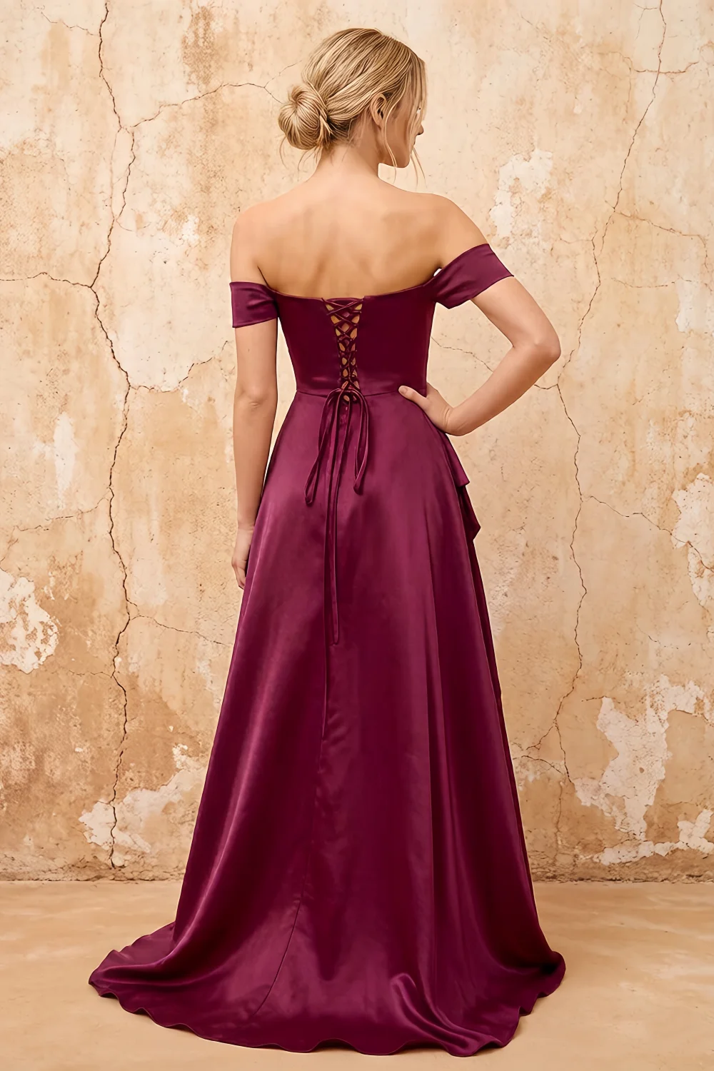Lola Burgundy Satin Off the Shoulder A-line Maxi Dress Secondary image