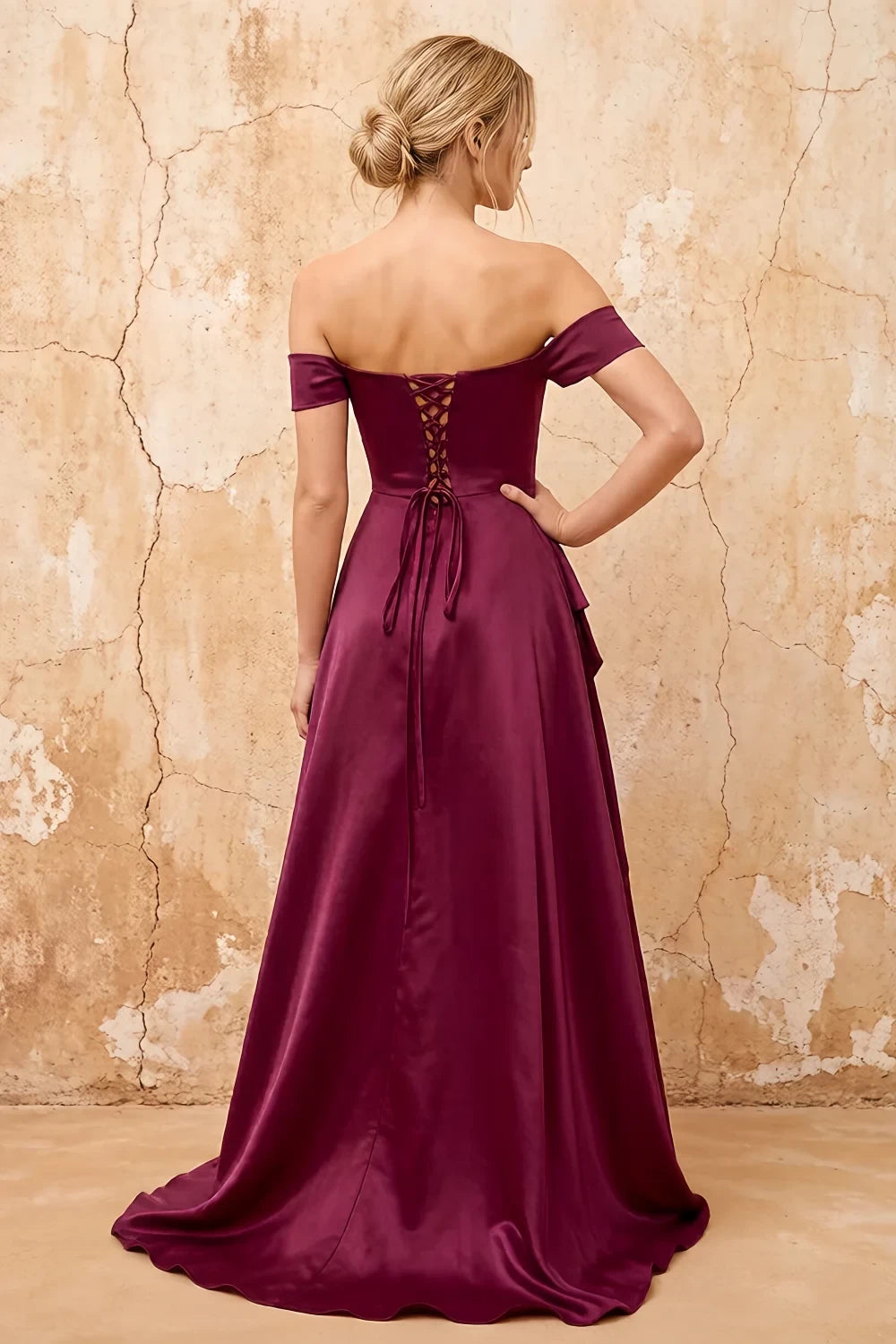 Translation missing: en.Lola Burgundy satin off-the-shoulder A-line maxi dress with gathered bodice lace-up back and slit - product photo 2 content.product_image_secondary