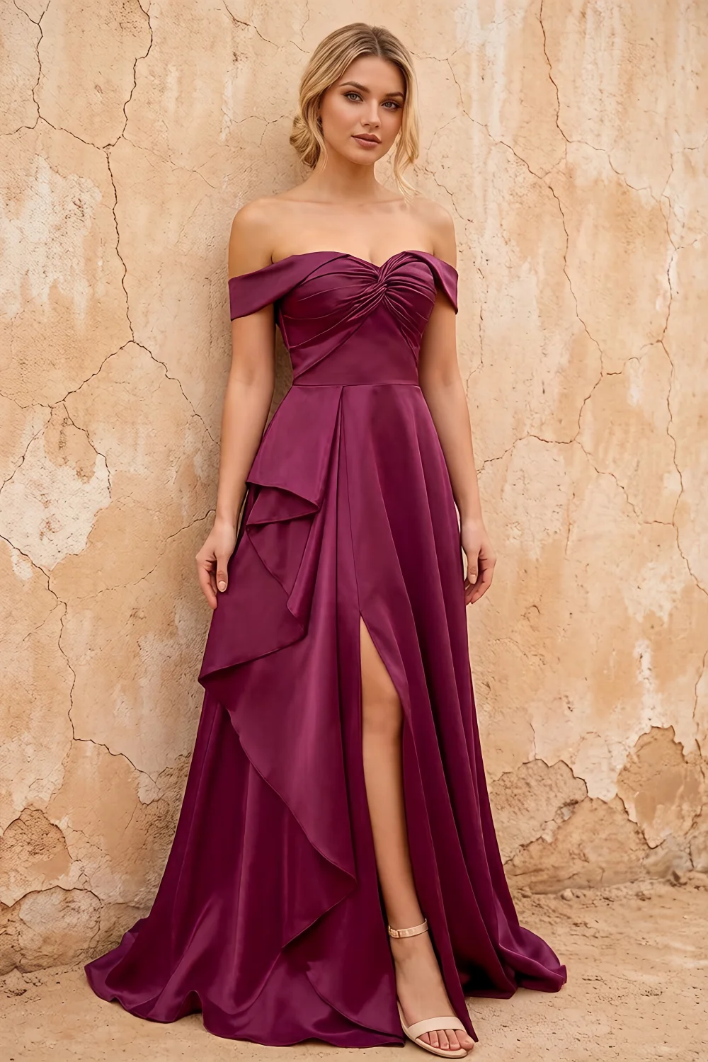 Lola Burgundy Satin Off the Shoulder A-line Maxi Dress