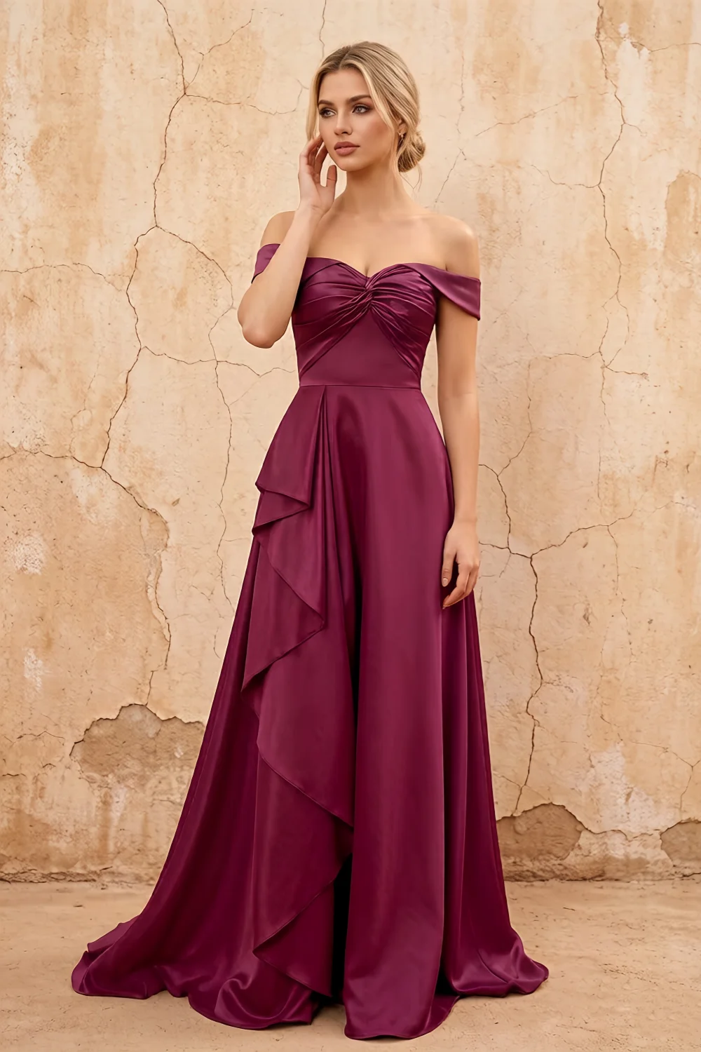 Lola Burgundy Satin Off the Shoulder A-line Maxi Dress