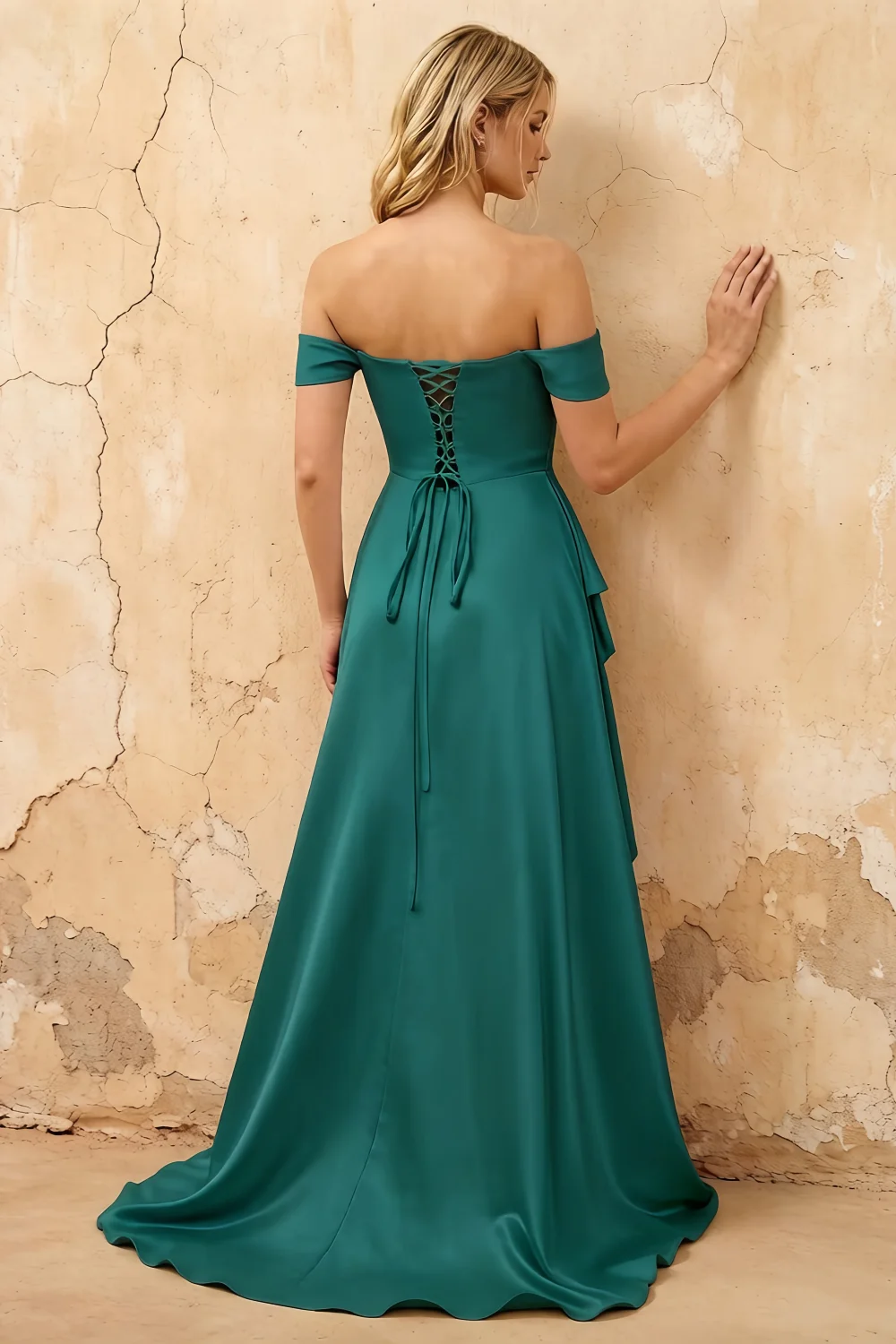 Lola Emerald Green Satin Off the Shoulder A-line Maxi Dress