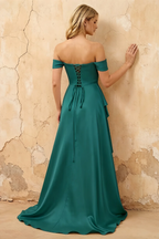 Lola Emerald Green Satin Off the Shoulder A-line Maxi Dress