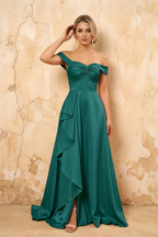 Lola Emerald Green Satin Off the Shoulder A-line Maxi Dress