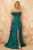 Lola Emerald Green Satin Off the Shoulder A-line Maxi Dress