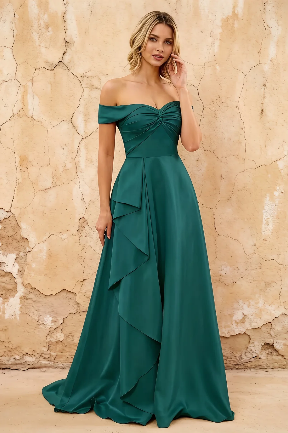 Lola Emerald Green Satin Off the Shoulder A-line Maxi Dress