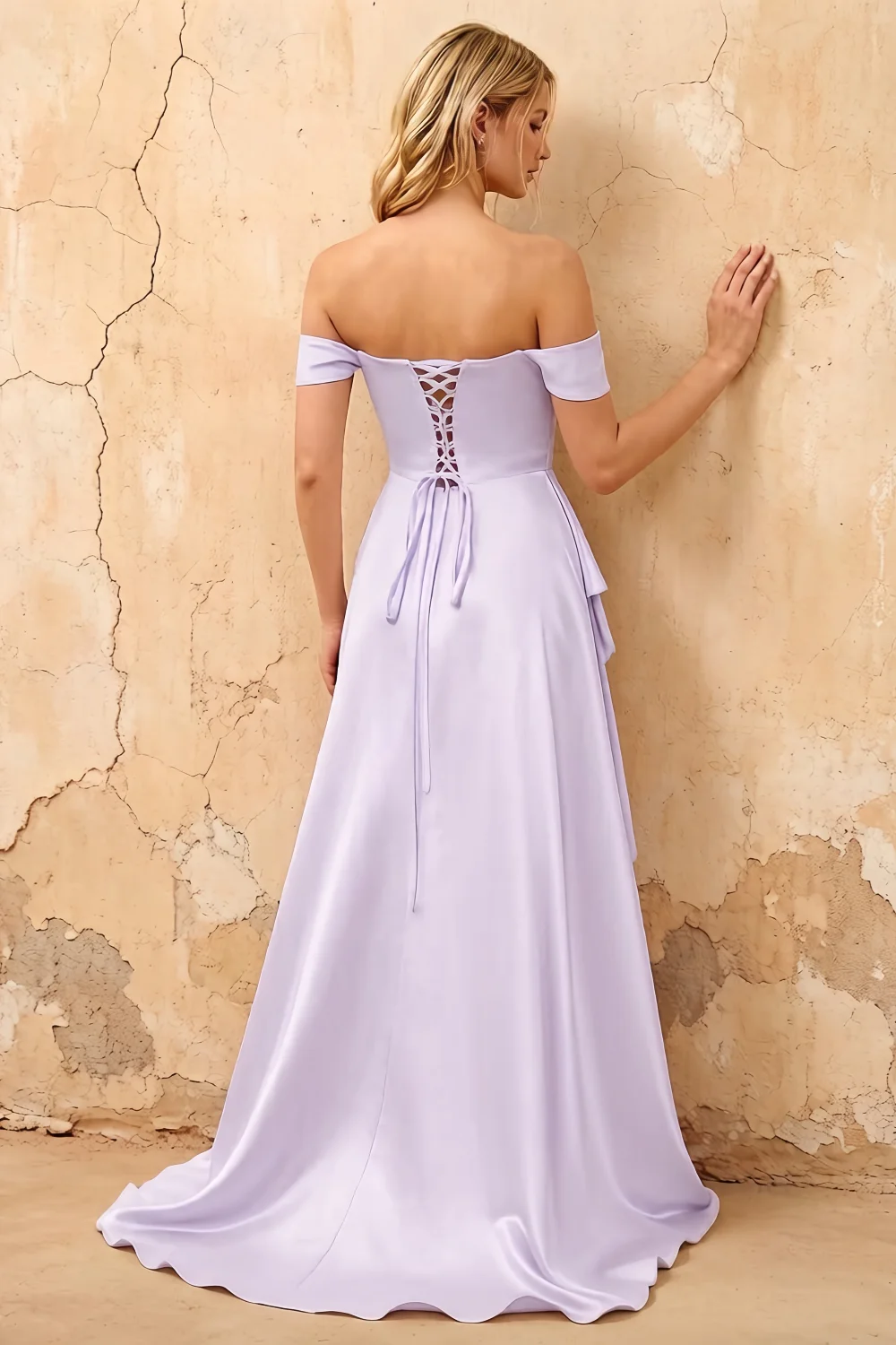 Lola Lavender Satin Off the Shoulder A-line Maxi Dress