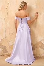 Lola Lavender Satin Off the Shoulder A-line Maxi Dress