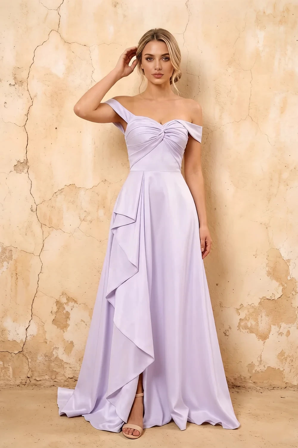 Translation missing: en.Lola Lavender satin off-the-shoulder A-line maxi dress with gathered bodice lace-up back and slit - product photo 2 content.product_image_secondary