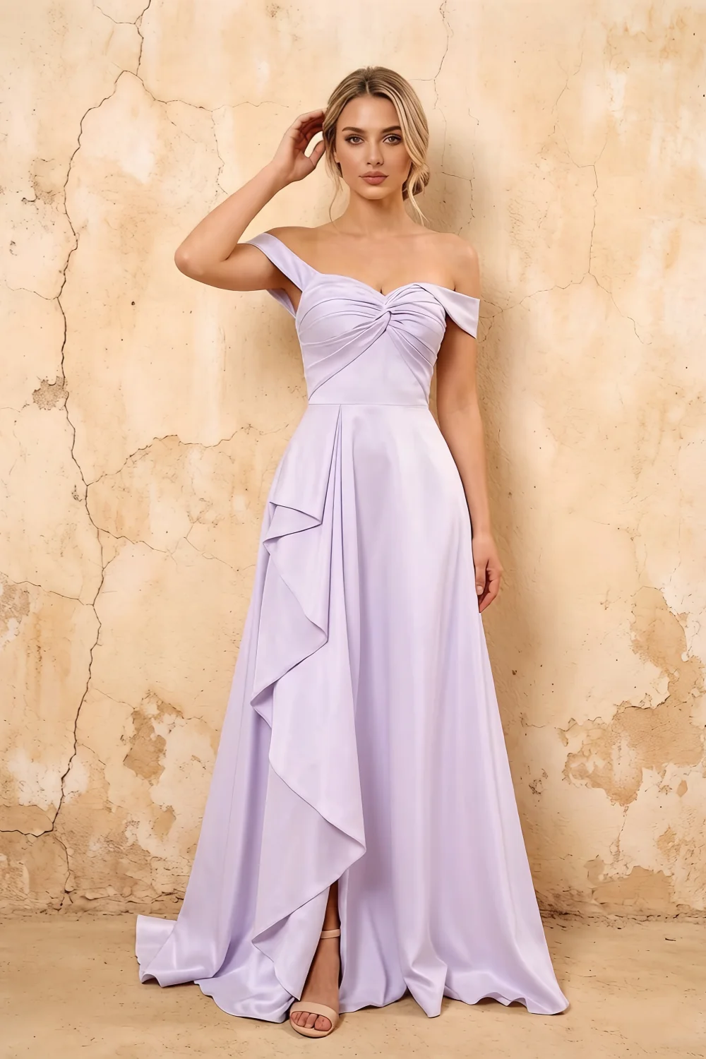 Lola Lavender Satin Off the Shoulder A-line Maxi Dress