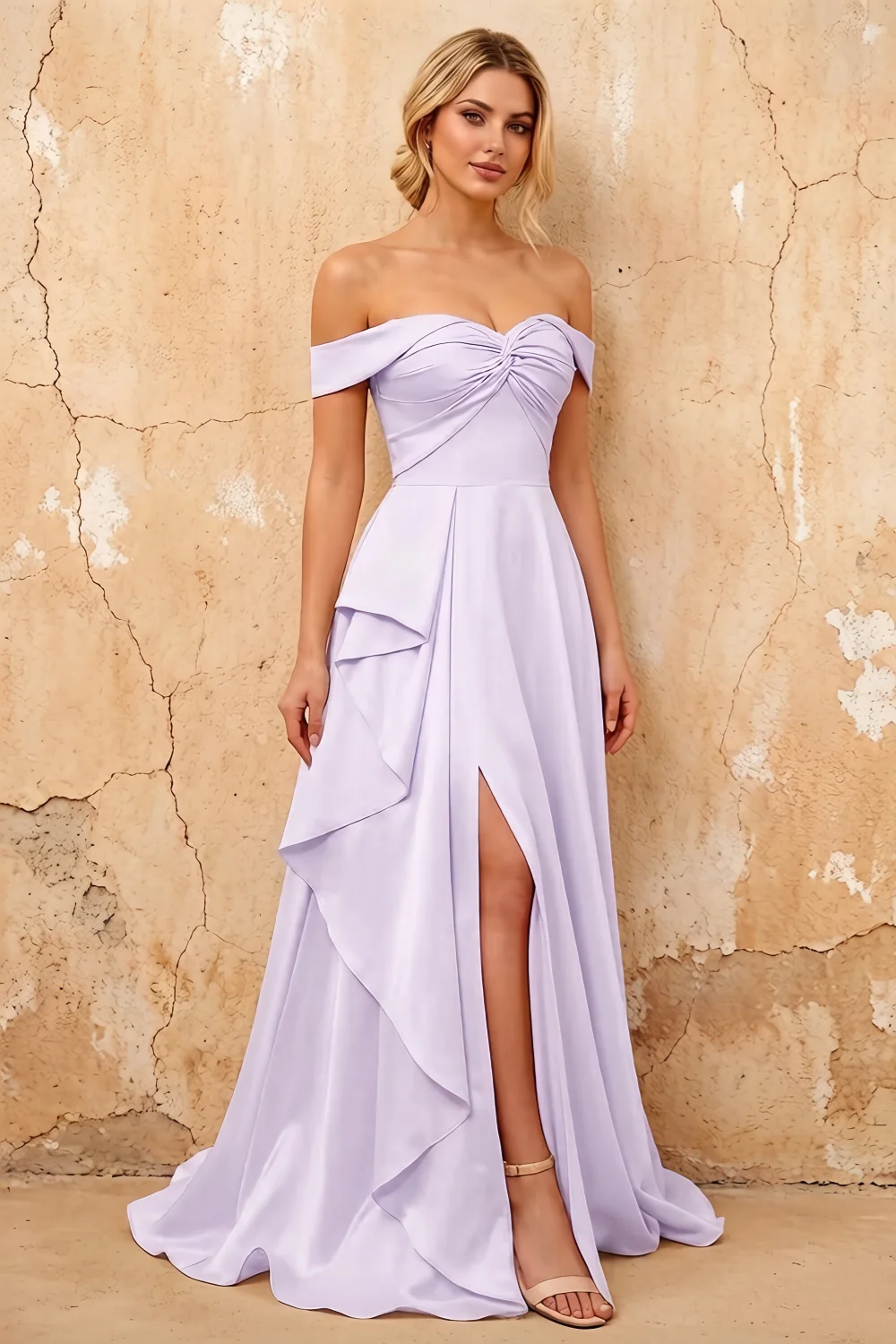 Lola Lavender Satin Off the Shoulder A-line Maxi Dress