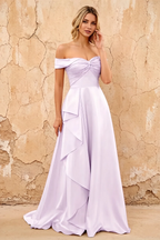 Lola Lavender Satin Off the Shoulder A-line Maxi Dress