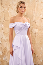 Lola Lavender Satin Off the Shoulder A-line Maxi Dress