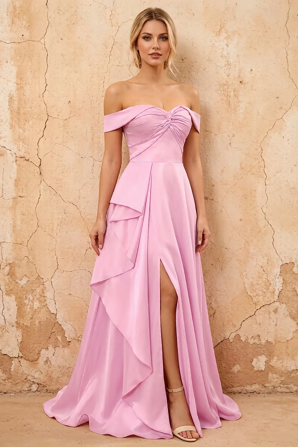 Lola Pink Satin Off the Shoulder A-line Maxi Dress Main image