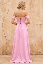 Lola Pink Satin Off the Shoulder A-line Maxi Dress