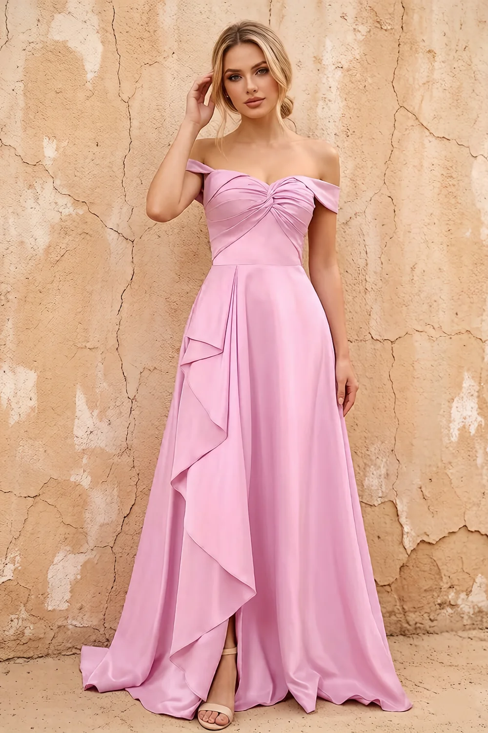 Lola Pink Satin Off the Shoulder A-line Maxi Dress