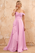 Lola Pink Satin Off the Shoulder A-line Maxi Dress