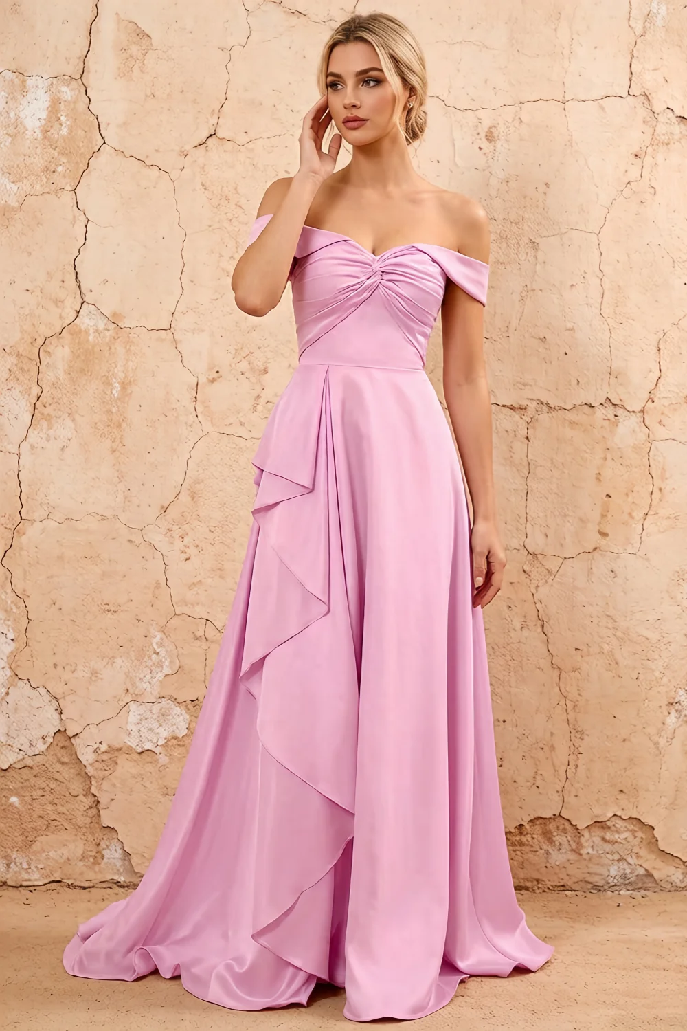 Lola Pink Satin Off the Shoulder A-line Maxi Dress