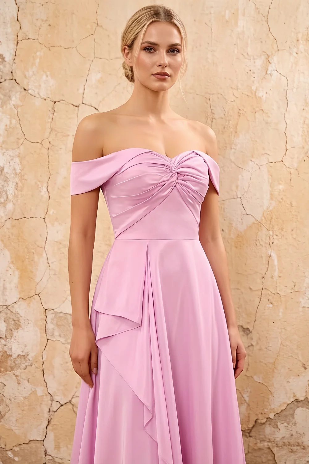Lola Pink Satin Off the Shoulder A-line Maxi Dress
