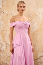 Lola Pink Satin Off the Shoulder A-line Maxi Dress
