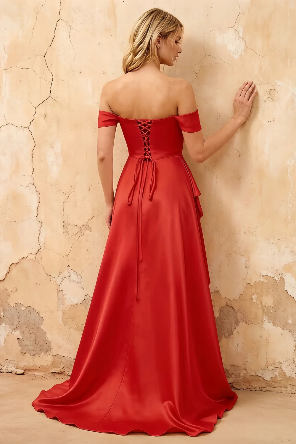 Lola Red Satin Off the Shoulder A-line Maxi Dress
