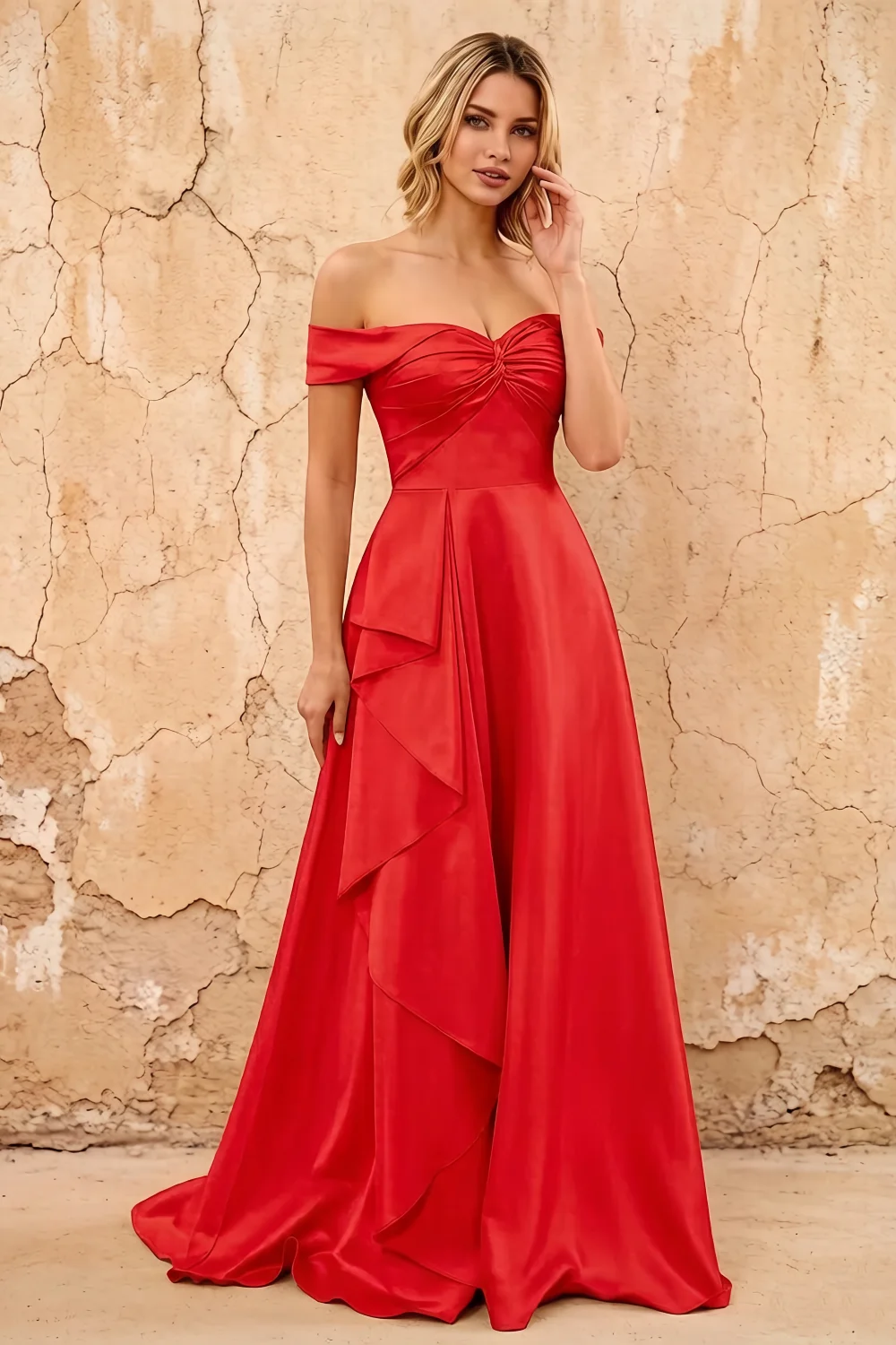 Lola Red Satin Off the Shoulder A-line Maxi Dress