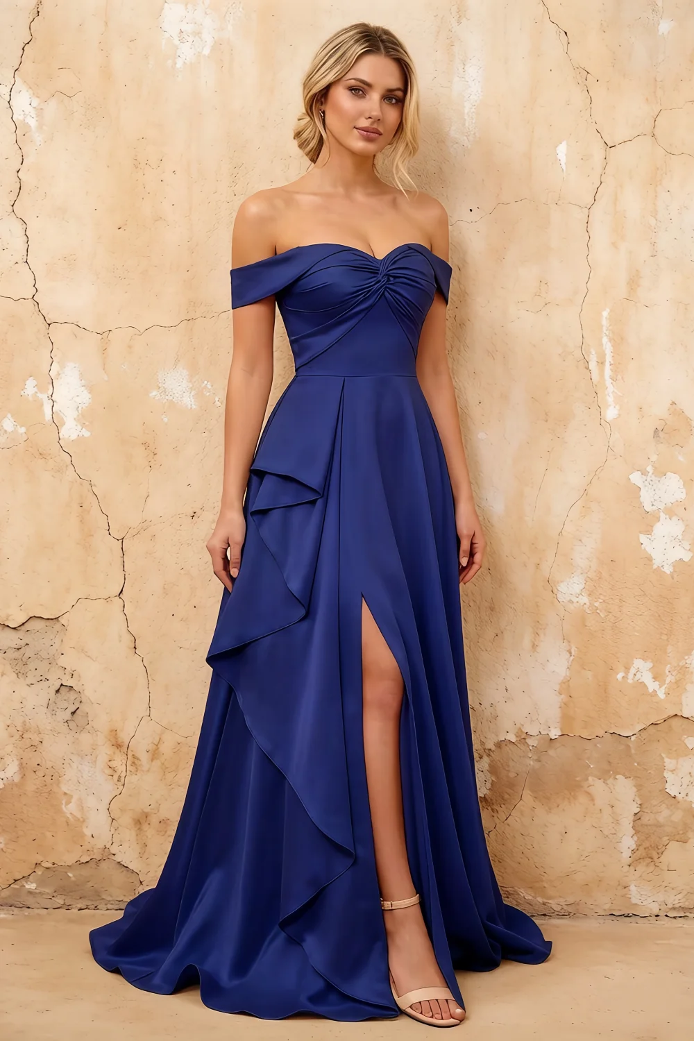 Lola Royal Blue Satin Off the Shoulder A-line Maxi Dress Main image