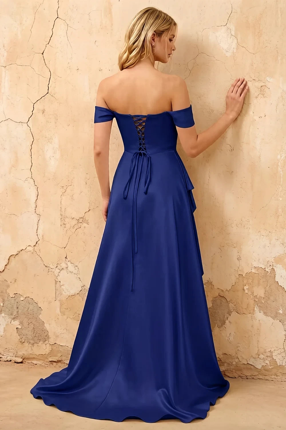 Translation missing: en.Lola Royal Blue satin off-the-shoulder A-line maxi dress with gathered bodice lace-up back and slit - product photo 2 content.product_image_secondary