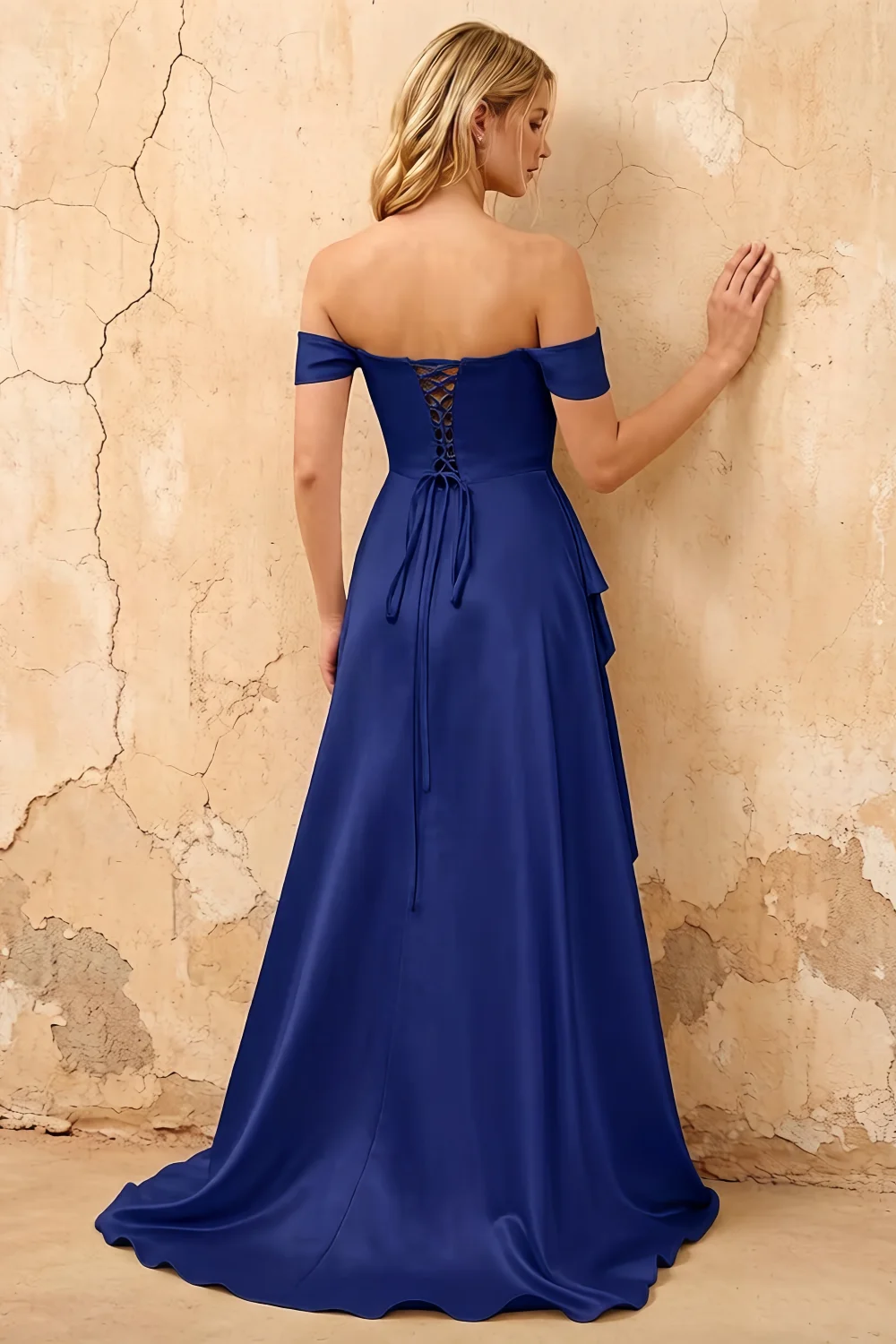 Lola Royal Blue Satin Off the Shoulder A-line Maxi Dress