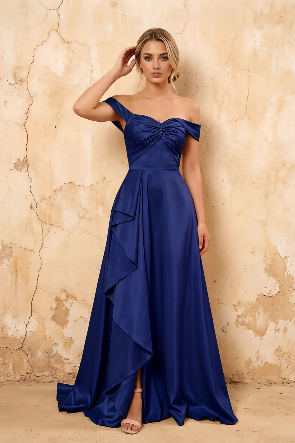 Lola Royal Blue Satin Off the Shoulder A-line Maxi Dress