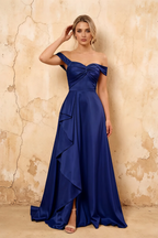 Lola Royal Blue Satin Off the Shoulder A-line Maxi Dress