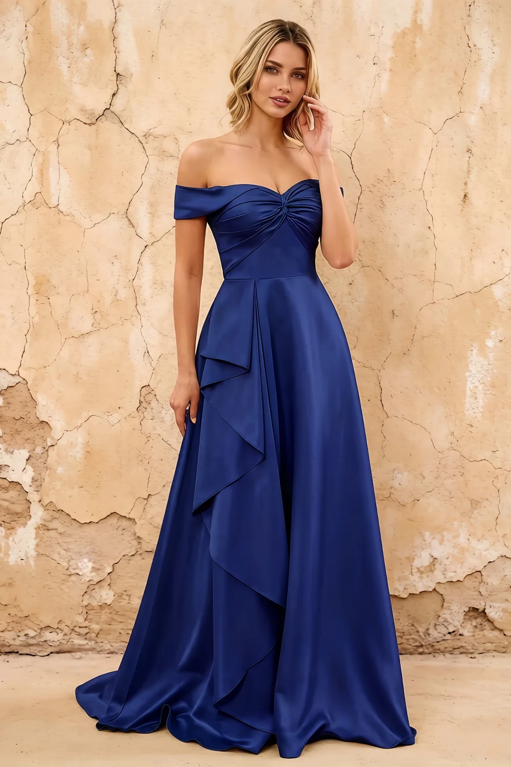Lola Royal Blue Satin Off the Shoulder A-line Maxi Dress