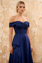 Lola Royal Blue Satin Off the Shoulder A-line Maxi Dress