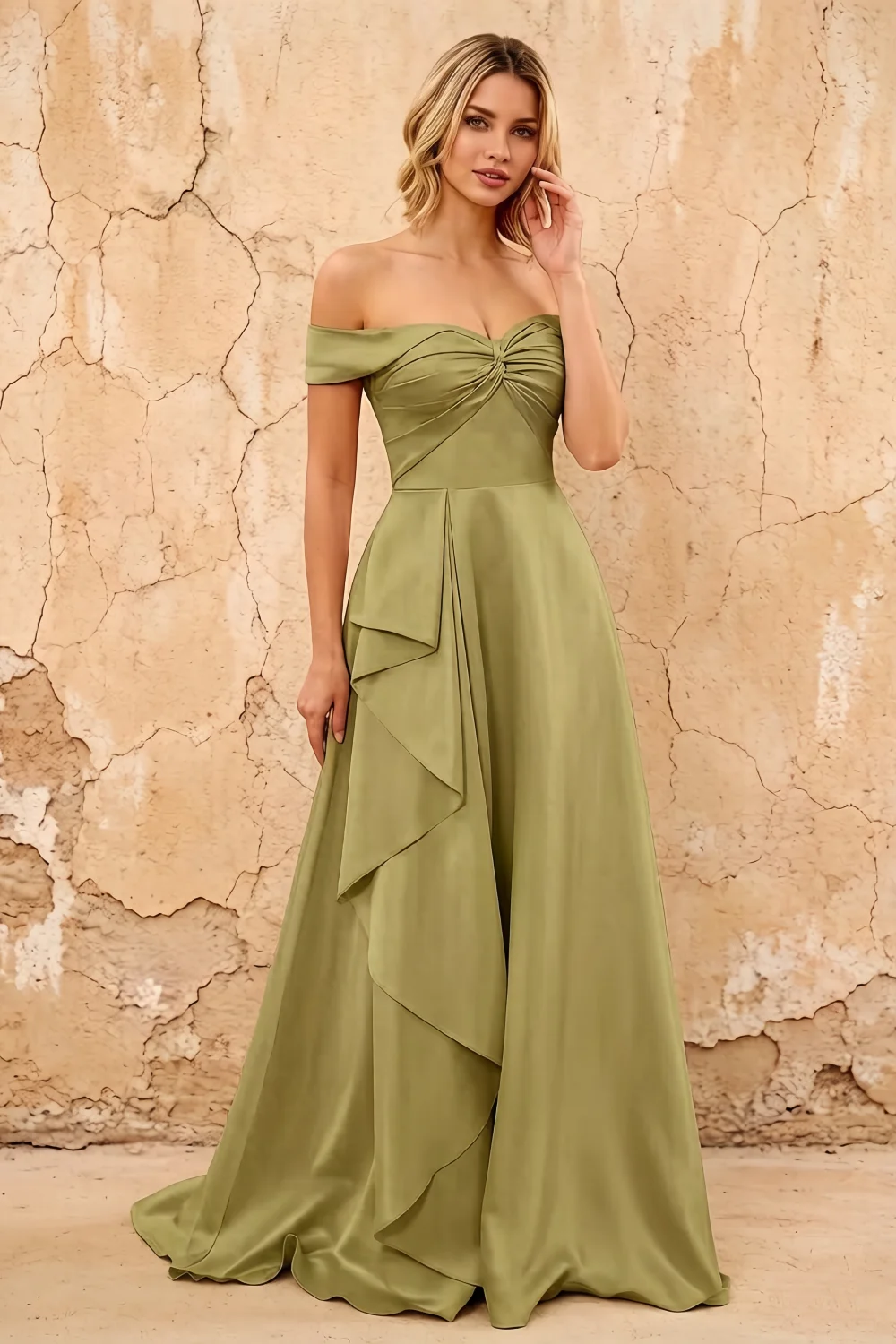 Lola Sage Green Satin Off the Shoulder A-line Maxi Dress Main image