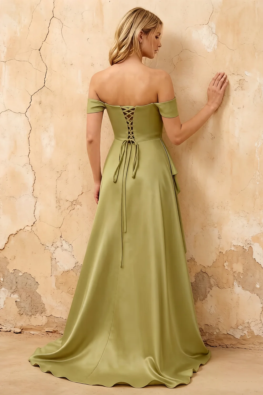 Lola Sage Green Satin Off the Shoulder A-line Maxi Dress