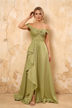 Lola Sage Green Satin Off the Shoulder A-line Maxi Dress