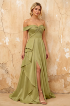 Lola Sage Green Satin Off the Shoulder A-line Maxi Dress