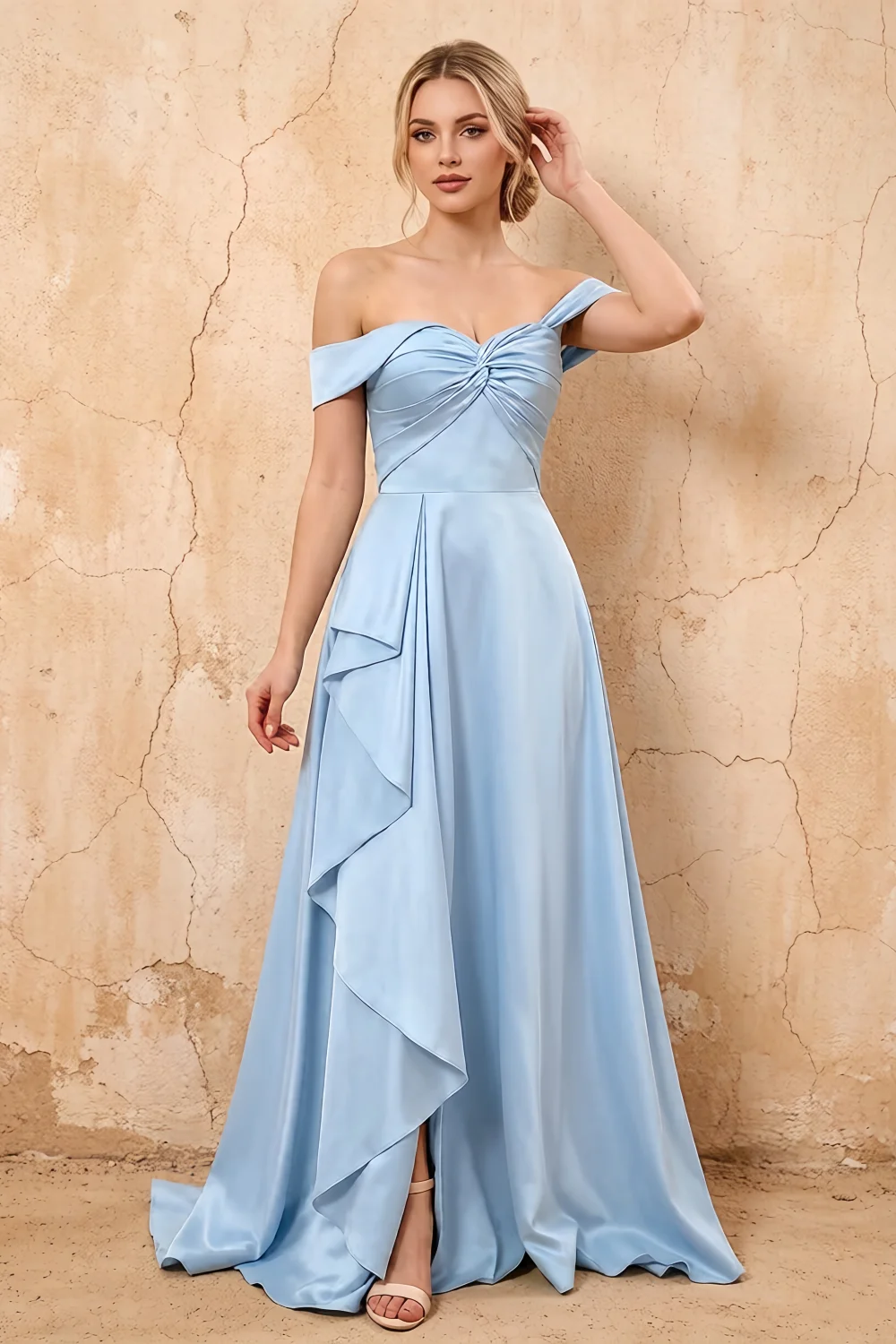 Lola Sky Blue Satin Off the Shoulder A-line Maxi Dress Main image